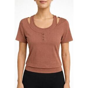 NWT Halara UltraSculpt Layered Scoop Neck Crop Tee Clay Brown Size Medium